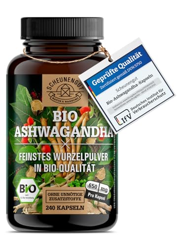 Bio Ashwagandha 1950mg je Tag -WICHTIG: Zertifiziertes Bio-Ashwaganda +Withanolide hochdosiert -240 Ashwagandha Kapseln Hochdosiert- Laborgeprüft und Vegan I DE SCHEUNENGUT®