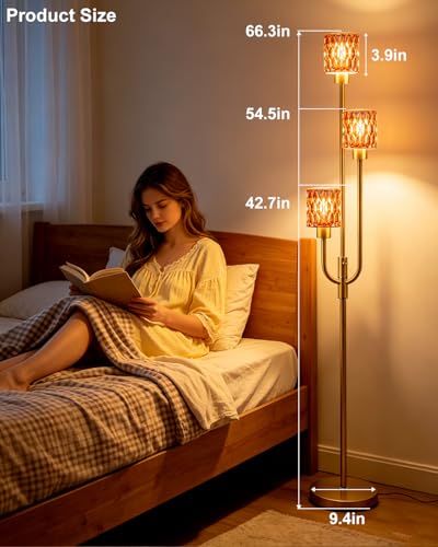 Image of 66IN Glass Floor Lamp 3-Lights Modern Gold Dimmable Floor Lamps with 3000K Warm White Bulbs for Wedding Party Standing Tall Lamp with Deep Red Glass Shade for Living Room /Bedroom /Home Decor