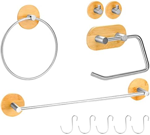 Lagute Solide 5-PCS Adhesive Toilet {Hardware} Set, Wall Mounted SUS304 Stainless Metal & Bamboo Wooden Toilet Equipment Package- Contains Towel Bar with 5 Hooks+Toliet Paper Holder+Towel Hooks, Silver