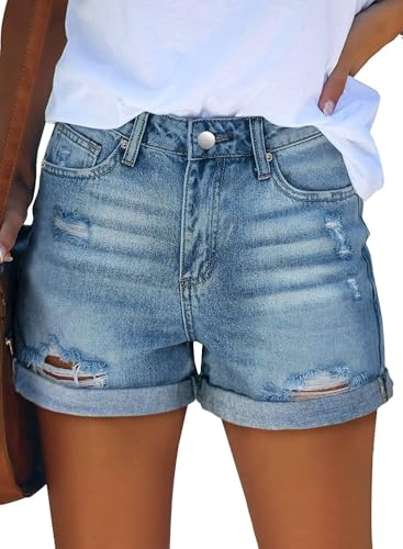 Image of onlypuff Womens Jean Short Cut Off Denim Shorts High Waist Ripped Distressed Stretchy