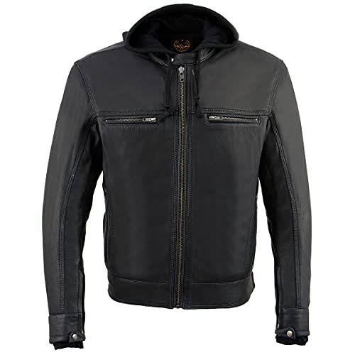 Milwaukee Leather Mlm1552 Men's Black Leather ‘Utility Pocket’ Vented Scooter Style Motorcycle Jacket W/Hoodie - Large #TOP6