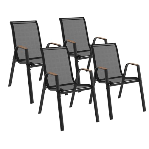 IDMarket - Lot de 4 chaises de Jardin NOUMEA métal et textilène empilables Noir et Bois