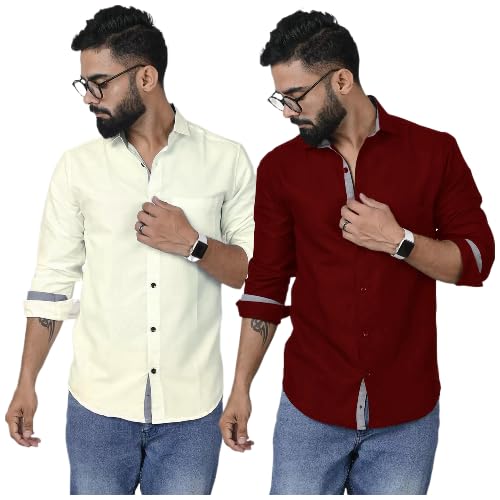 Image of Pinkmint Shirt for Men Cotton Soild Shirt & Spread Collar Long Sleeve Shirt Formal, Travelling