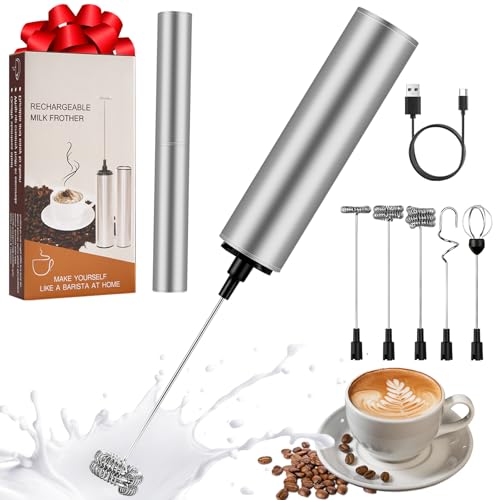 Milchschäumer Elektrisch USB-C mit 5 Wechselbaren Edelstahl-Schneebesen–2 Einstellbare Geschwindigkeiten (11.000/13.000 U/min), Wasserdichter Aufschäumer für Kaffee, Latte, Cappuccino, Matcha(Silber)