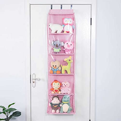 Stuffed Animal Organizer, Hanging Over The Door Stuffed Animal Organizer With 5 Clear Dust-Proof Pocket Organizer For Display Kid's Toys(Pink) #TOP4