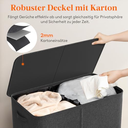 Lifewit 145L Wäschekorb 2 Fächer, Wäschesammler mit Deckel, Wäschekorb Wäschekörbe Groß 2 Abnehmbarem Wäschesack, Laundry Baskets mit Griffen, Waschenkorbe Wäschetonne Wäschesortierer, Schwarz