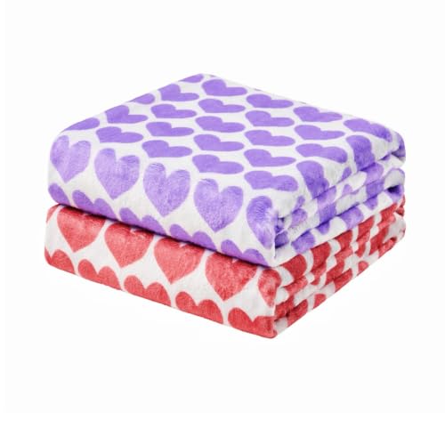 2 Pack Baby Blanket for Boys and Girls, 30 x 40 Inch Soft Flannel Fleece Receiving Blankets, Purple and Red Heart Print Newborn Stroller Crib Blankets, Baby Boy Girl Essentials