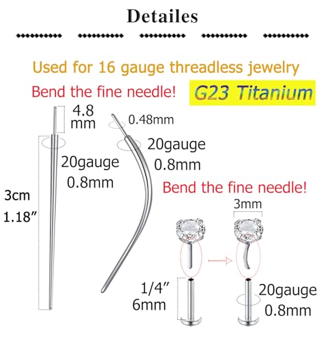 QWALIT Piercing Taper Threadless Insertion Tool - Titanium Labret Pin 16g, 18g, 20g2