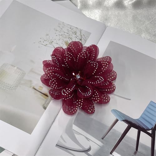 Image of Rhinestones Flower Fabric Big Brooches Lapel Pins for Women Elegant Organza Floral Brooch Pin for Dresses Suit Wedding Banquet Clothes Accessories Fashion Jewelry 130mm