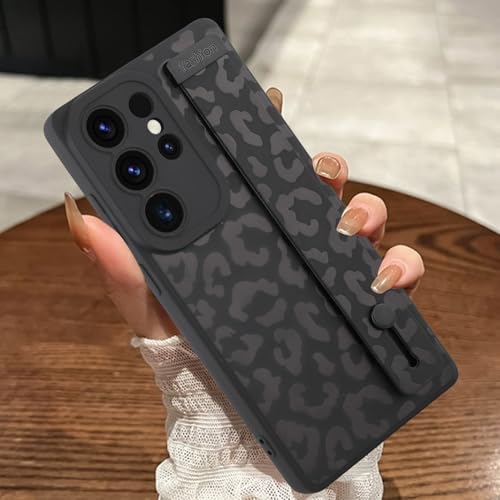 Image of Compatible with Samsung Galaxy S25 Ultra Case with Strap Wrist Black | Cheetah Print Shockproof Soft TPU Protective Cover for Women Girls, Slim Anti Scratch Case 6.9 Inch, Black