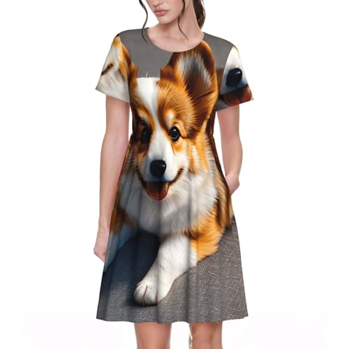 Robe d'été femme manches courtes imprimé marron Corgi pour vacances et fête