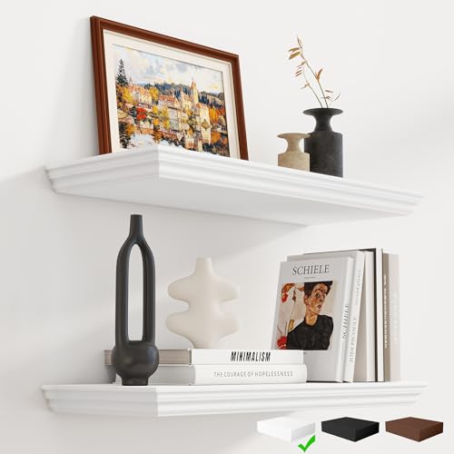 Fun Memories Floating Shelves 24 Inch Long 9.3 Inch Deep Classic Crown Molding Floating Shelves for Wall Rustic Wooden Shelves for Wall Decor Bathroom Kitchen Office (White 2Pack)