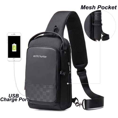 شنطة كروس بحمالة كتف للرجال من اركتيك هانتر مع حامل زجاجة مياه وجيب للجوال مقبض ، صدر مقاومة للماء ومضادة للسرقة منفذ USB للسفر أسود