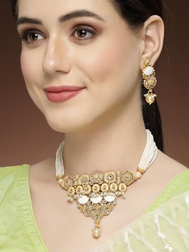 Image of Adiva Stylish Traditional Gold-Plated Kundan Stone Pearls & Beads Meenakari Handcrafted Necklace with Earrings Jewellery Set for Women & Girls