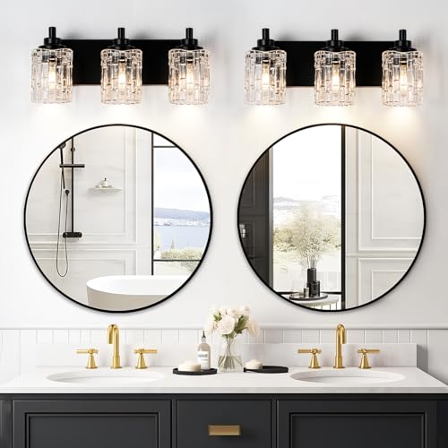 Image of 3-Light Black Bathroom Light Fixtures, Clear Glass Shade | Modern Wall Sconces for Mirror, Vanity Lighting for Bedroom, Hallway, Kitchen, E26 Base Easy Install