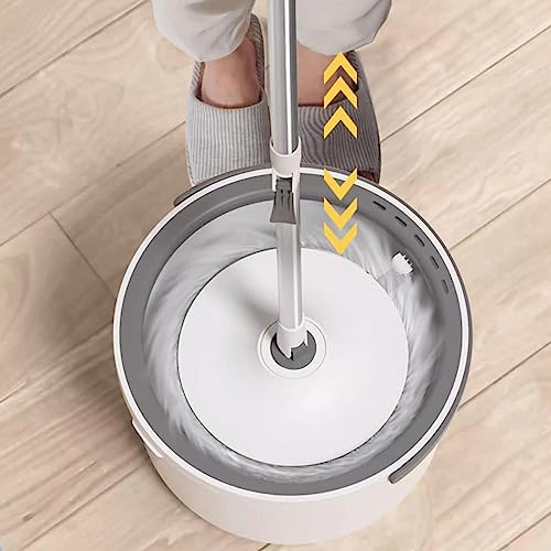AMNOOL Bodenreinigungssystem „Spin Mop Bucket“ - Selbstreinigender Trocken-Nass-Schleudermopp - Flaches Bodenwischer-Eimer-Set mit 5 Mikrofaser-Pads, Nachfüllpackungen,Grey – Bild 3
