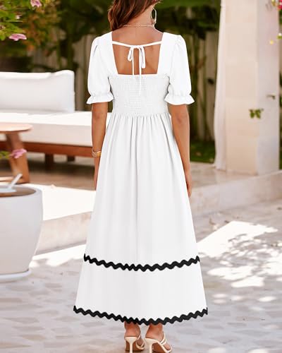 Image of BTFBM Women 2025 Summer Square Neck Short Puff Sleeve Dress Casual RIic Rac Tie Back Smocked Wedding Guest Maxi Dresses