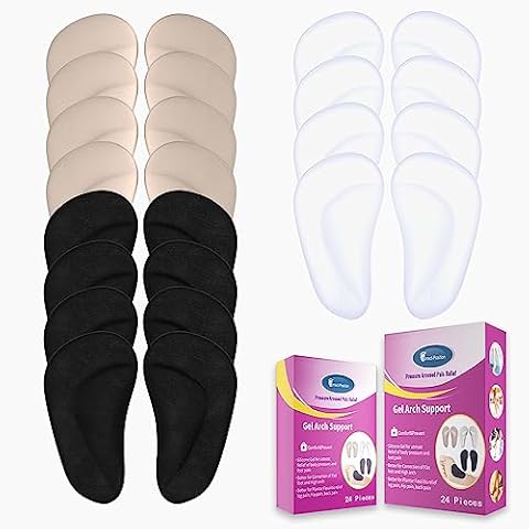 Correct Position Arch Support Shoe Insoles for Flat Feet, Gel Arch Inserts for Plantar Fasciitis, Adhesive Arch Pad for Relieve Pressure and Feet Pain- 12 Pairs (4 Clear 4 Black 4 Beige) Cover