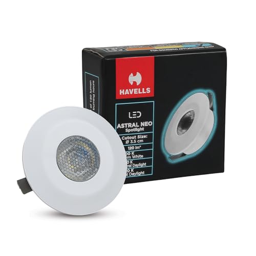 Image of Havells Astral Neo 2W LED Spotlight| Compact Round Design for Small Spaces. Provides A Focused 45 Beam Angle with 6500K Cool Light| Flush Mount Ceiling Downlight| 25,000 Hr Lifespan