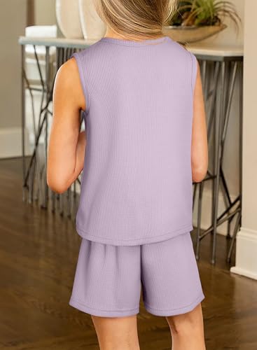 Image of blibean Girls Summer Clothes Set Kids Waffle Pockets Cotton Outfit Size 4-13 Years