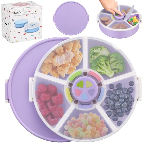 Image of Aimsnk Kids Original Snack Spinner Bundle - Reusable Snack Container with 5 Compartment Dispenser and Lid | BPA and PVC Free | Dishwasher Safe | No Spill, Leakproof,for Toddlers,School (Purple-2Pack)