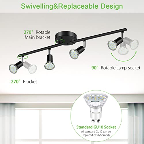 Unicozin Led 4 Light Track Lighting Kit, Black 4 Way Ceiling Spot Lighting, Flexibly Rotatable Light Head, Track Light Included 4 X Led Gu10 Bulb (4W, Daylight White 5000K, 400Lm) #TOP1
