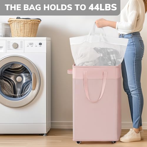 Image of Goodpick Pink Laundry Basket with Wheels, Dorm Room Essentials for Girls, 75L Collapsible Laundry Basket, Laundry Hamper with Handle for College Dorm