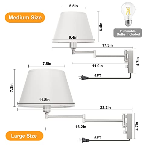 Image of TRLIFE Dimmable Wall Sconce Plug in, Brushed Nickel Wall Sconces Set of Two Swing Arm Wall Lights with Plug in Cord and On /Off Dimmer Rotary Switch, 11.8 inch Large White Fabric Shade(2 Pack, 2 Bulbs)