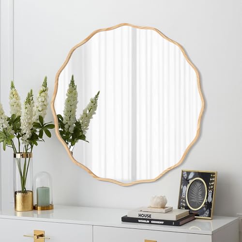 Image of FUWU HOME Wavy Round Mirror - 24" Modern Wavy Circle Mirror for Nursery, Bathroom, Bedroom, Living Room, Home, House, Office, Entryway (Natural Color)