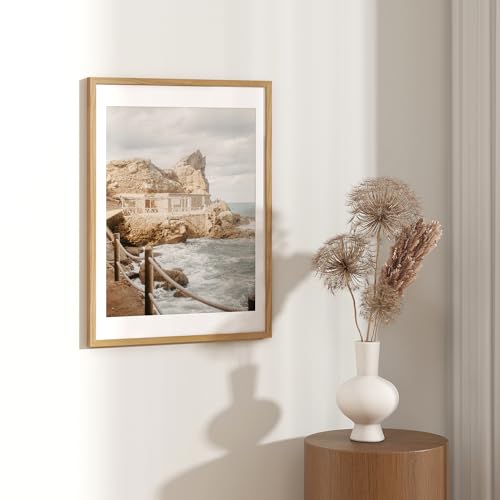 Image of FLYJOE 18x24 Oak Wood Picture Frame with Mat for 16x20, 18 by 24 USA-Sourced Natural Solid Wooden Poster Frame for Wall Display, Tempered Real Glass, Hanging Hardware Included, 3 Pack, Natural