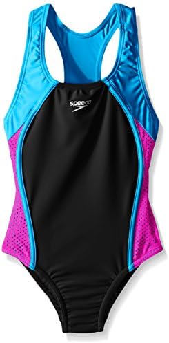 Speedo Girl's Swimsuit One Piece Mesh Splice Thick Strap Speedo Black, 14