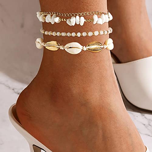 4 Pcs Layered Shell Anklet Set Beaded Foot Chain Gold Beach Foot Jewelry Crystal Anklet Bracelets For Women Girls (4 Pcs) #TOP2