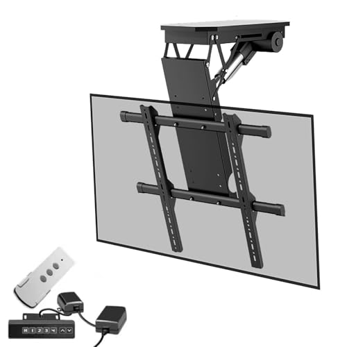Soporte de techo eléctrico para TV con control remoto, soporte de techo inclinado abatible de 0 a 85°, fácil de instalar para televisores de 50 a 90 pulgadas