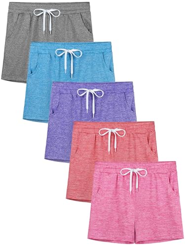 Resinta 5 Packs Youth Girls Athletic Shorts with Drawstring Pockets Girls Soccer Running Shorts for Yoga Workout Dance