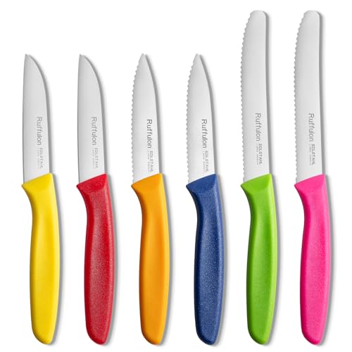 Ruffulon Paring Knife Set of 6,Kitchen Knife Set,Straight Edge&Serrated Knifes,Sharp Fruit Knife,Vegetable Knifes,Durable PP Handle,Multicolored Kitchen Paring Knives,Dishwasher Safe(6 Colors)