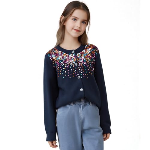 Image of Danny D Girls Sequin Knitted Sweater Cardigan Crew Neck Long Sleeve Button Tops