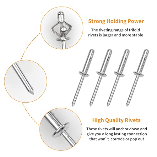 ALLCLEAN 3/16" x 5/8" Tri-Fold Rivets Assortment - 60Pcs,Silver Tri-fold Exploding Pop Rivets Solid Aluminum Tri Grip Rivets Bulb Style Rivets for Kayak Marine Boat - Thumbnail 2