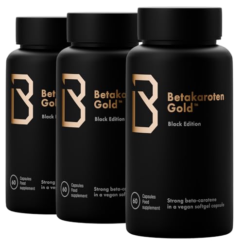 Betakaroten Gold Black Edition Beta Carotin Kapseln 15 mg für intensive Bräune von innen - Norwegische Qualität - 60 Kapseln - vegan - mit Kokosöl Biotin Kupfer & Vitamin C A E - 3-Monats-Vorrat