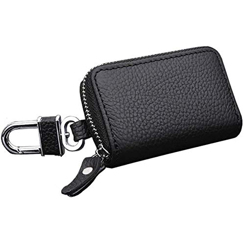 REEGE Car Key Chain Premium Leather Car Key Holder with Zipper for Key FOB(Black)