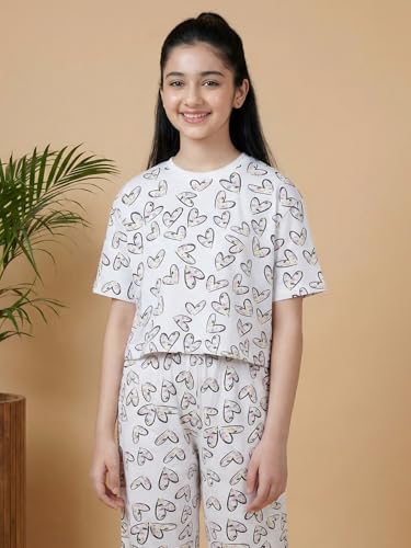 Image of Li'l Tomatoes Girls Cotton Night Suit Set | 100% Cotton Summer Co-Ord Set | Half Sleeve T-Shirt & Full Length Pajama | Soft & Breathable Printed Clothing Set | 9-16 Years