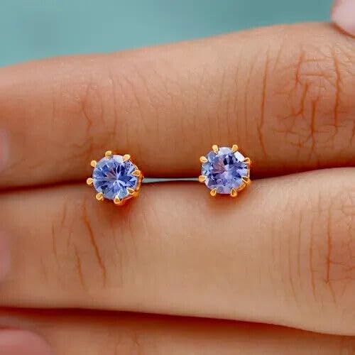 Generic 2.00Ct Round Cut Simulated Blue Tanzanite Stud Earrings 14K Yellow Gold Plated 925 silver