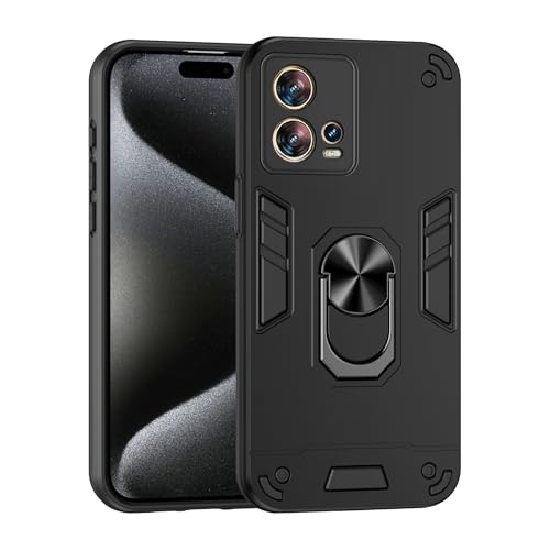 Compatible with Motorola Edge 30 Fusion Phone Case Series Rugged, Shockproof Protective Cover with Built-in Metal Ring Stand, Compatible with Magnetic Car Mount- Black