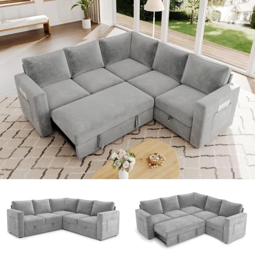 Image of 83.5 inch Chenille Sectional Sleeper Sofa, Pull Out Couch with Storage, Gray | 5 Seat Comfy Couches for Living Room, Apartments, or Guest Spaces; Sectionals Modular Sofa Design, Comfortable Seating.