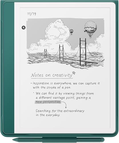Image of Amazon Kindle Scribe Essentials Bundle including Kindle Scribe (64GB) - Metallic Jade, Premium Pen, Leather Folio-Jade, and Power Adapter