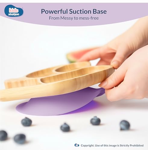 Image of Kids Station Elephant Wooden Feeding Plate with Spoon and Fork for Babies - Purple | Eco-Friendly Self-Feeding Baby Tableware Set (3 pcs)