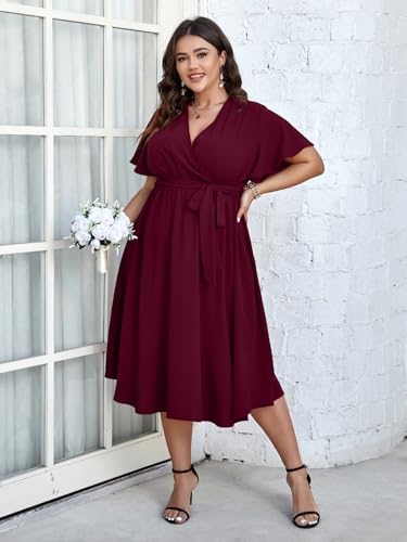 SCOMCHIC Womens Plus Size Wedding Guest Cocktail Midi Dress Summer Short Sleeve Wrap V Neck Belted A-Line Flowy Dress3