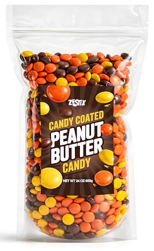 Candy Coated Peanut Butter Chocolate Bites 24oz Bulk Bag, Peanut Butter Center with Crisp Shell, Orange Yellow Brown Candy Pieces for Party Favors, Candies Buffets, Dessert Toppings and Holiday Treats
