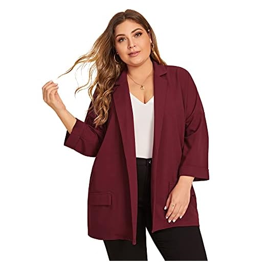 WDIRARA Women's Plus Size Long Sleeve Blazer Casual Open Front Cardigan Jacket Burgundy 1XL