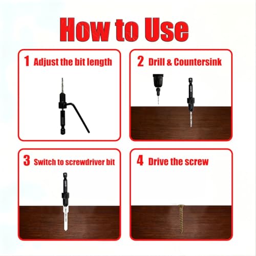 CRAFOM Countersink Drill Bit Set, 5 PCs Counter Sink Drill Bit Adjustable, #4, #6, #8, #10, #12, M2 High Speed Steel,1/4” Hex Shank, 5 PCs Depth Stop,1 PC Hex Key, Storage Box, Ideal for Woodworking by crafom - Used condition - Image 5