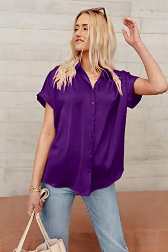 Pausus Satin Button Down Shirts for Women Short Sleeve Office Blouse Casual Business V Neck Silk Tops Slim Fit S-XXL4